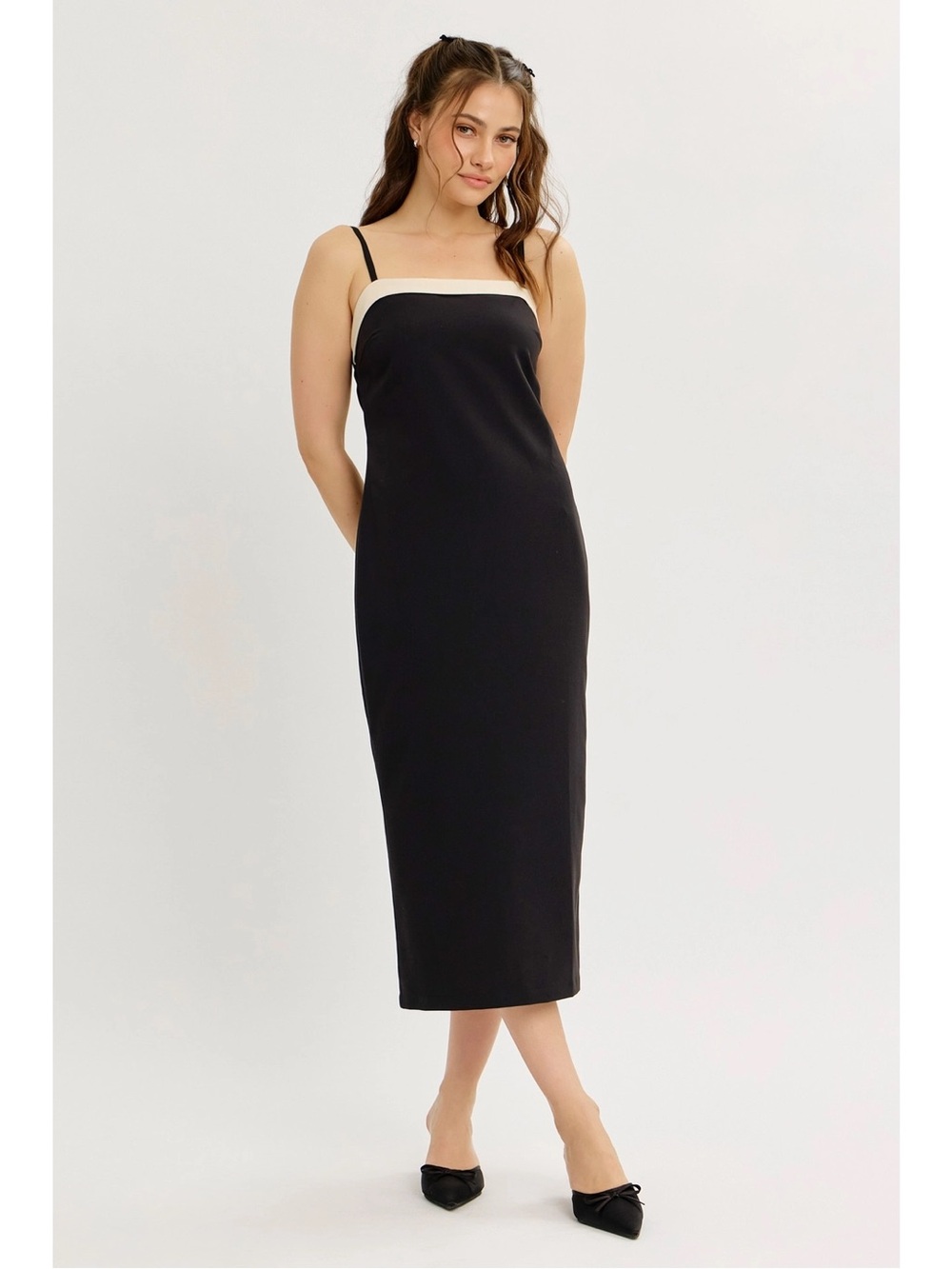 Black & Cream Midi Dress with Spaghetti Straps - 724
